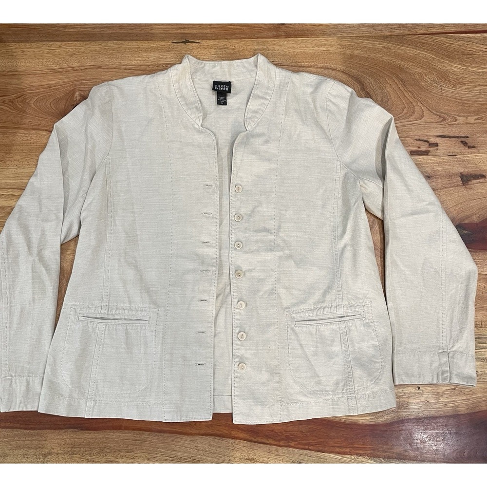 Eileen Fisher Women's Beige Canvas Button Front Jacket Pockets Long Sleeve Sz M